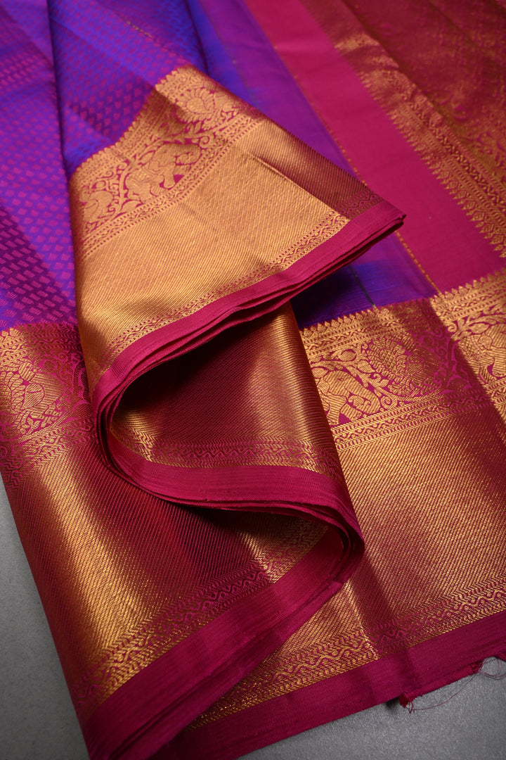 Purple Dual tone Self Brocade on Kanjivaram Pure Silk Saree with Zari Buttas and Zari Border | SILK MARK CERTIFIED | SHOBITAM