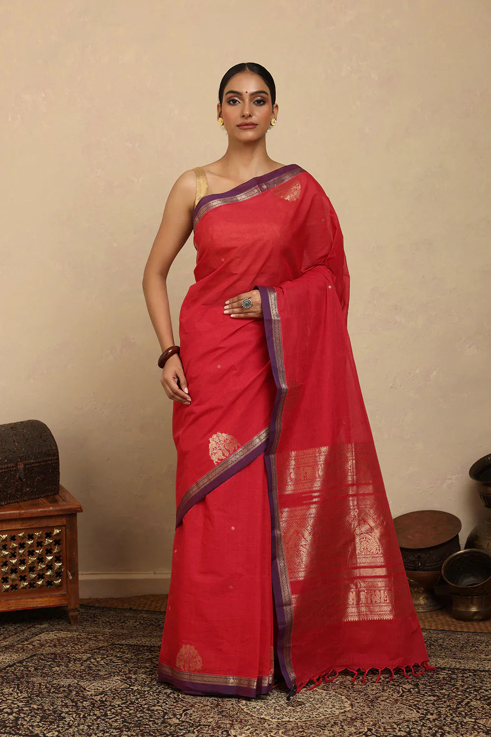 Handloom Red Gold Zari Motifs Kanchi Cotton Saree | SHOBITAM