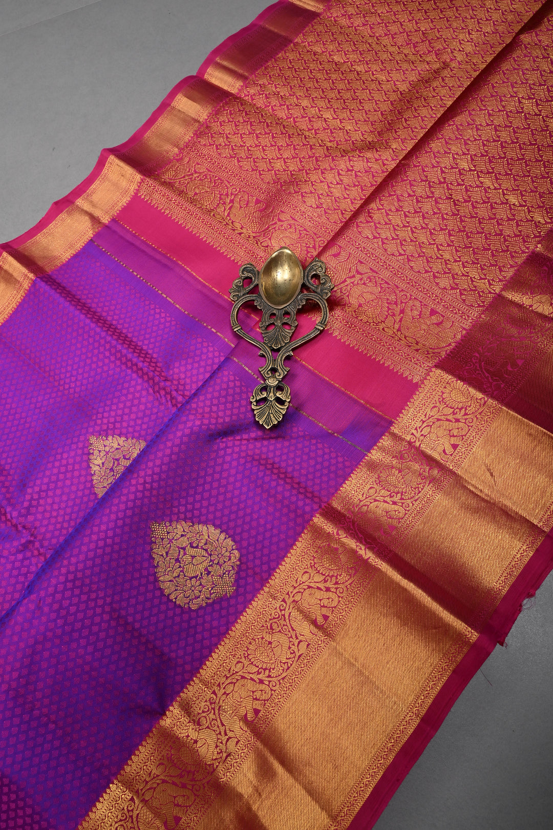 Purple Dual tone Self Brocade on Kanjivaram Pure Silk Saree with Zari Buttas and Zari Border | SILK MARK CERTIFIED | SHOBITAM
