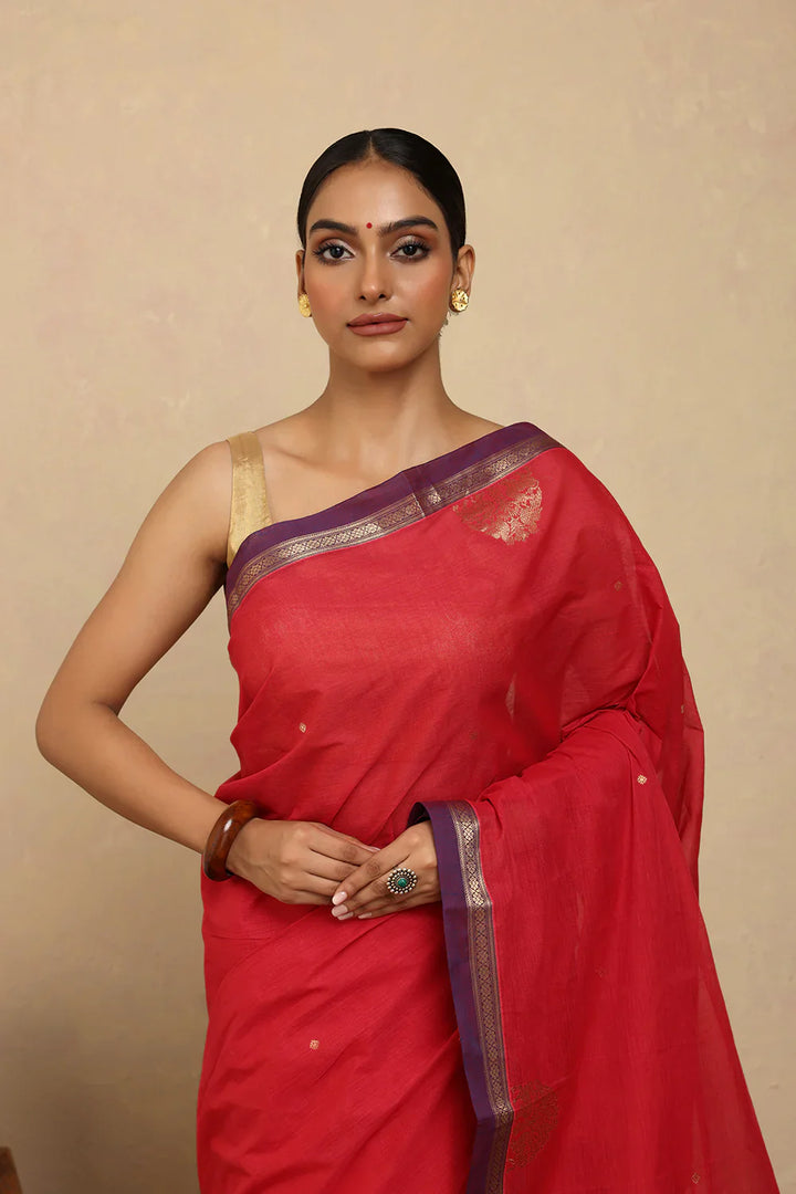 Handloom Red Gold Zari Motifs Kanchi Cotton Saree | SHOBITAM