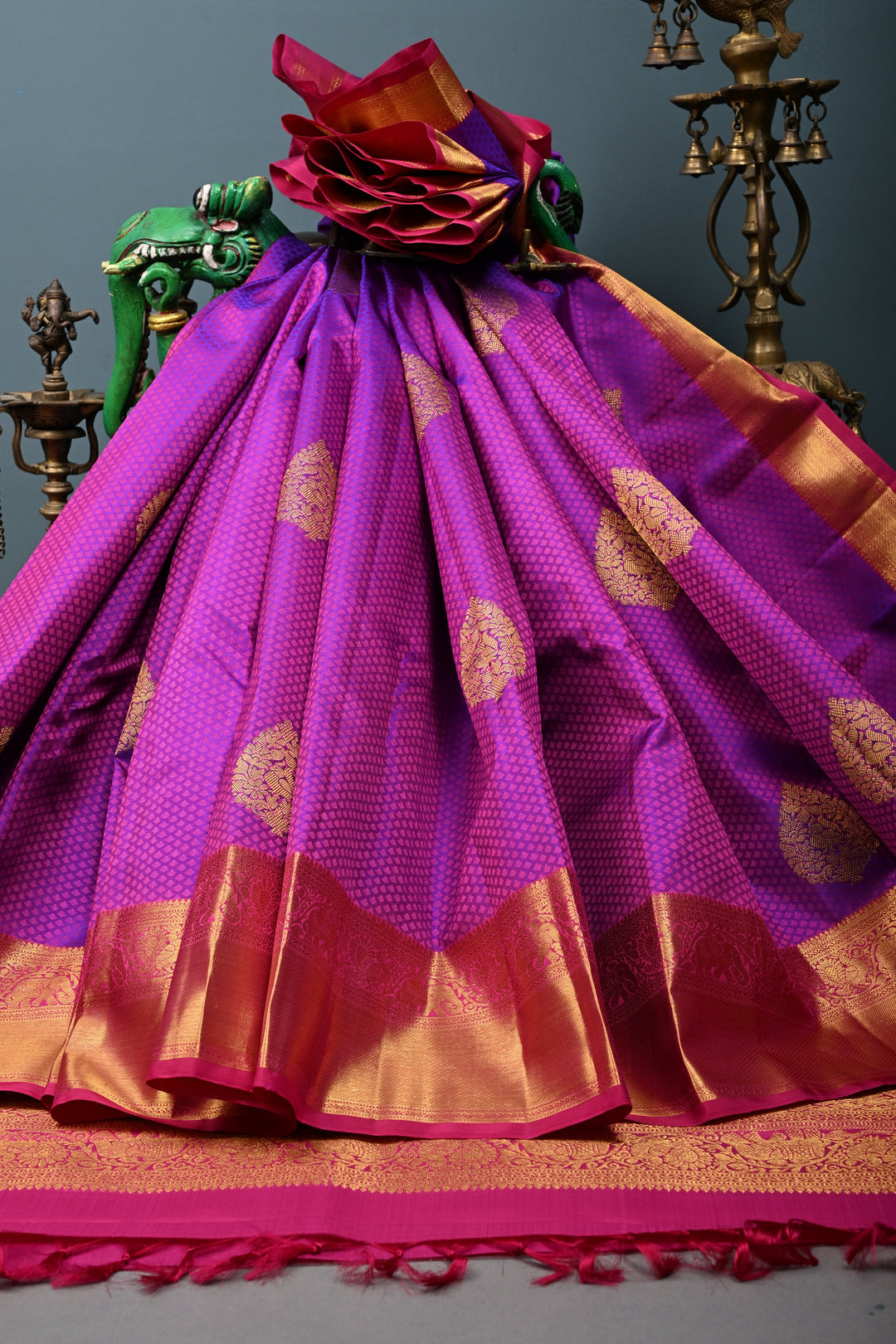 Purple Dual tone Self Brocade on Kanjivaram Pure Silk Saree with Zari Buttas and Zari Border | SILK MARK CERTIFIED | SHOBITAM