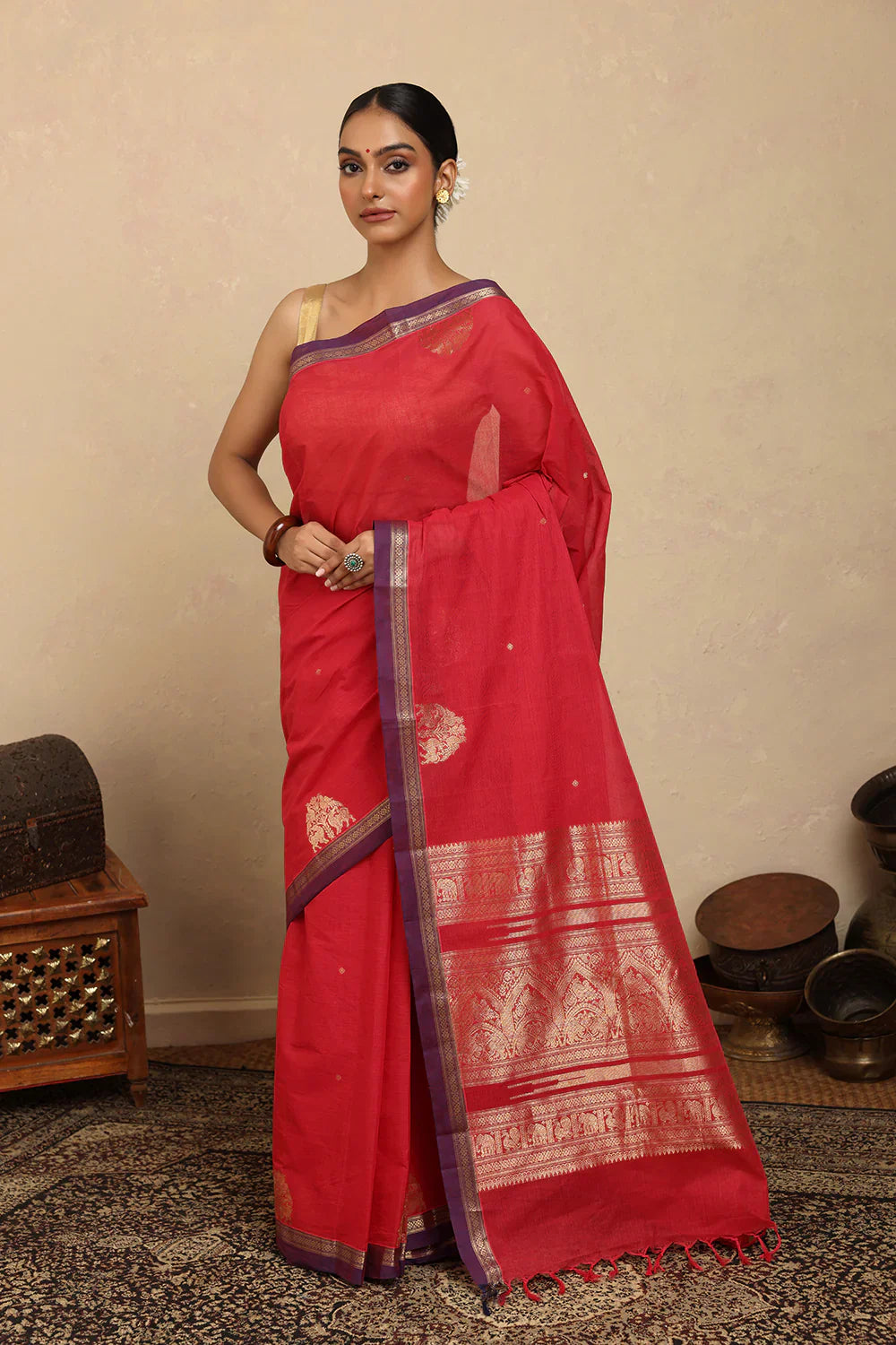 Handloom Red Gold Zari Motifs Kanchi Cotton Saree | SHOBITAM