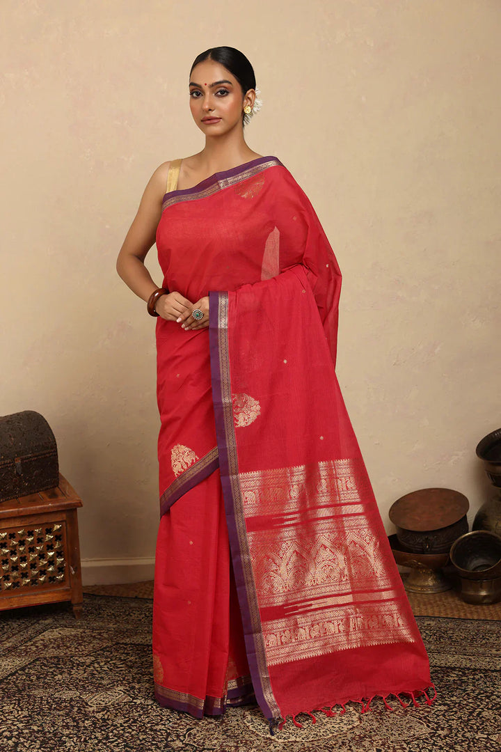 Handloom Red Gold Zari Motifs Kanchi Cotton Saree | SHOBITAM