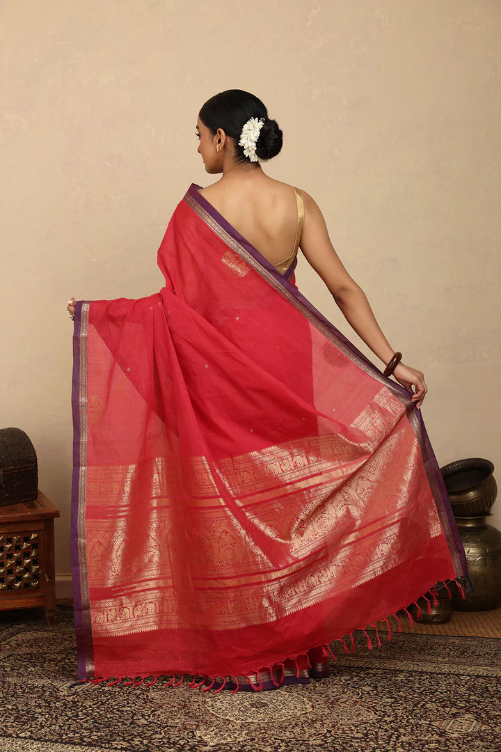 Handloom Red Gold Zari Motifs Kanchi Cotton Saree | SHOBITAM