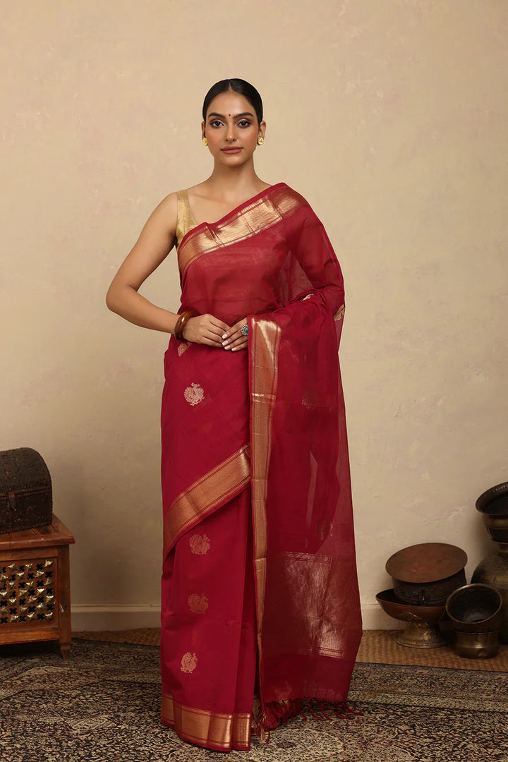 Handloom Rani Pink Kanchi Cotton Saree with Gold Zari Border | SHOBITAM