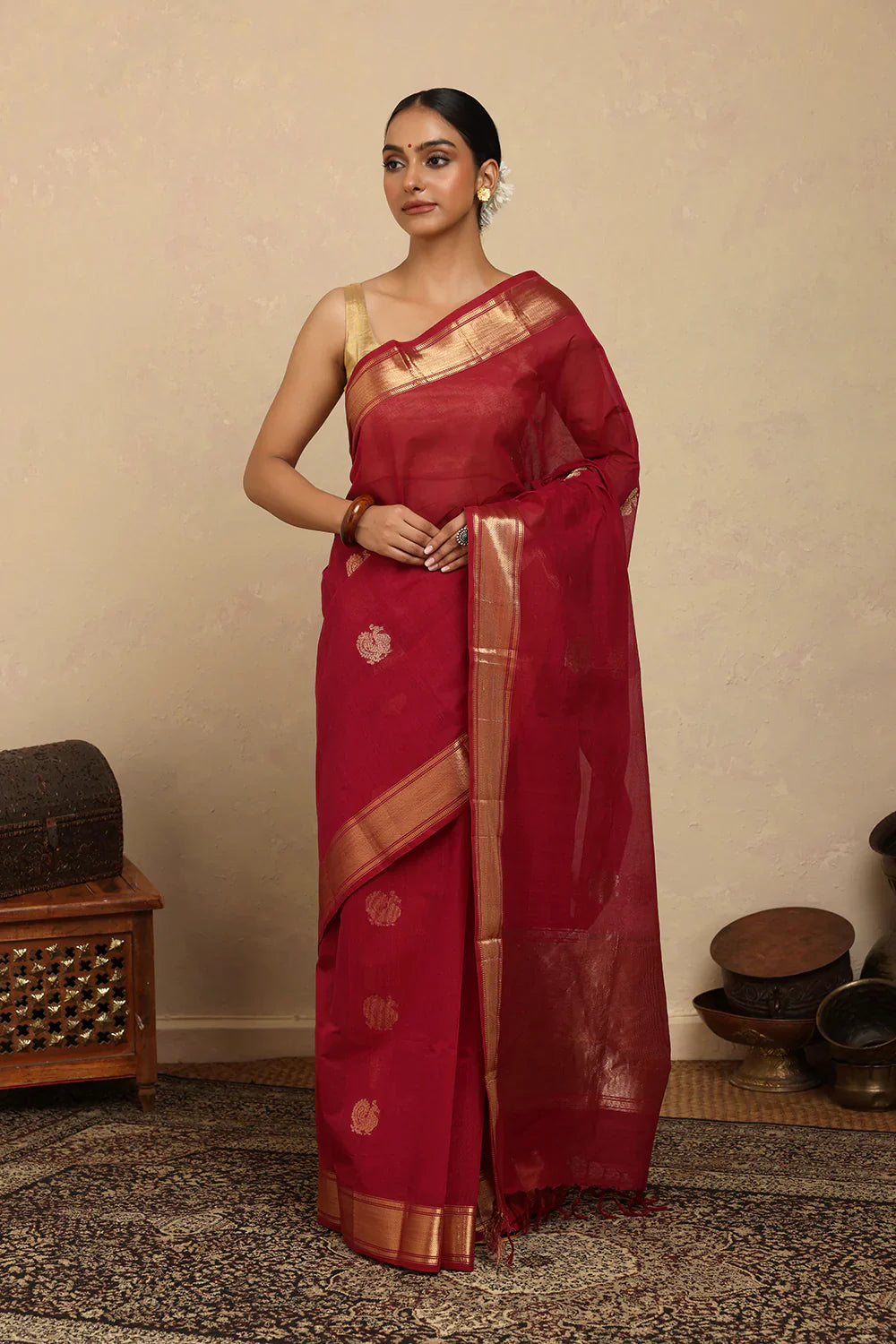 Handloom Rani Pink Kanchi Cotton Saree with Gold Zari Border | SHOBITAM