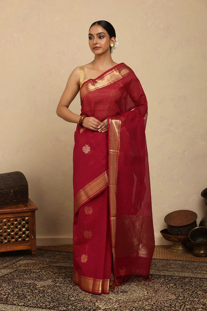 Handloom Rani Pink Kanchi Cotton Saree with Gold Zari Border | SHOBITAM