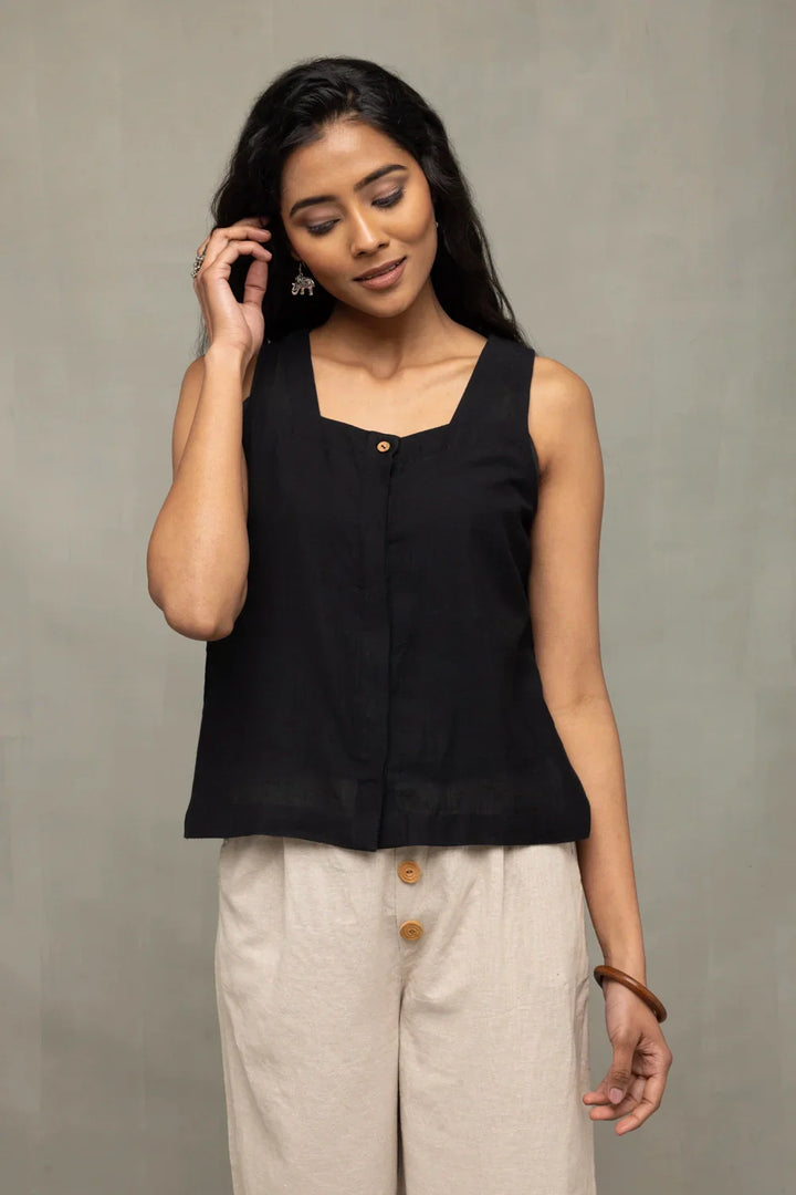 Noir Handwoven Cotton Short Top | SHOBITAM