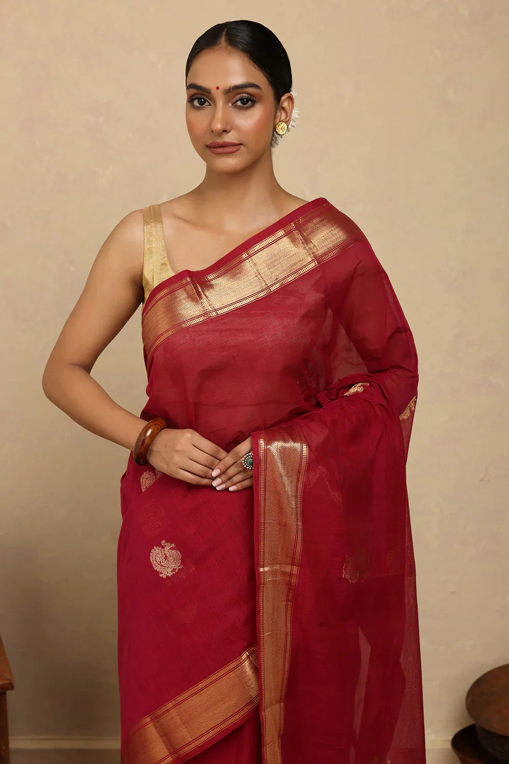 Handloom Rani Pink Kanchi Cotton Saree with Gold Zari Border | SHOBITAM
