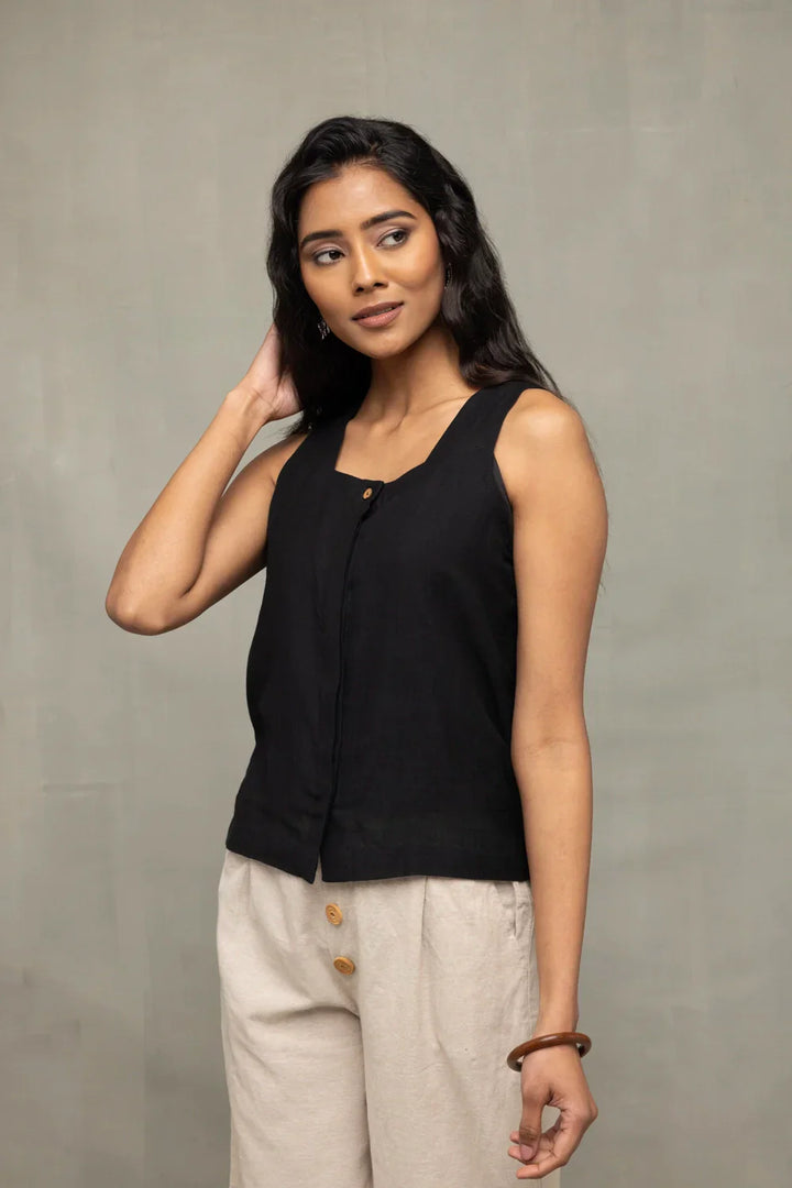 Noir Handwoven Cotton Short Top | SHOBITAM