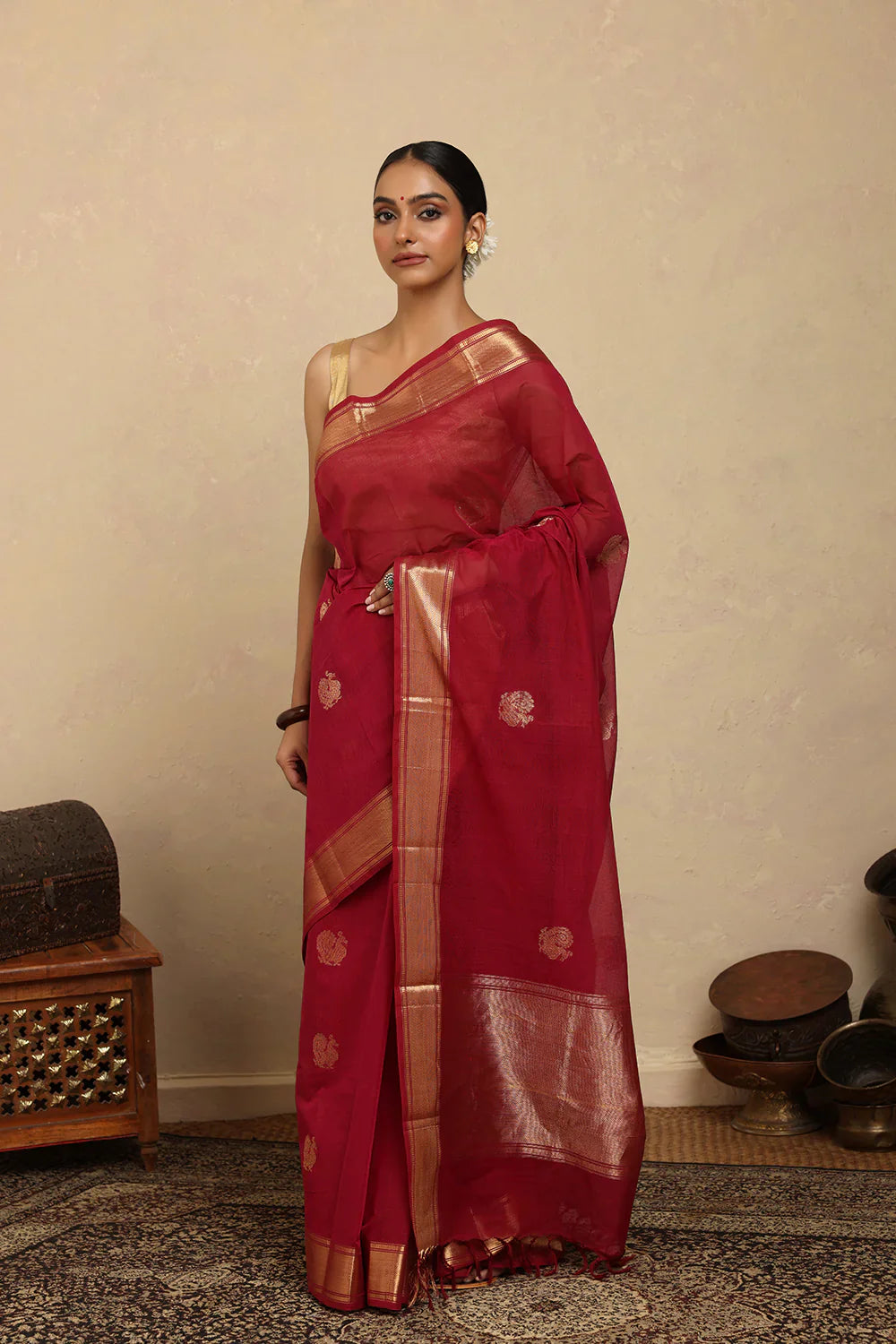 Handloom Rani Pink Kanchi Cotton Saree with Gold Zari Border | SHOBITAM