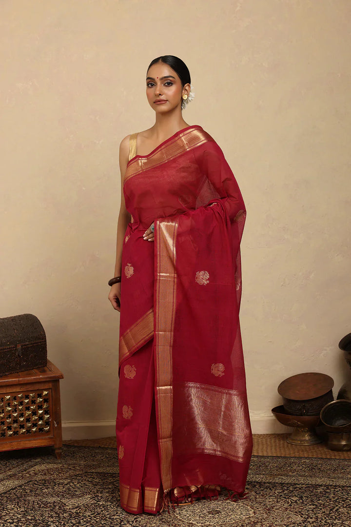 Handloom Rani Pink Kanchi Cotton Saree with Gold Zari Border | SHOBITAM