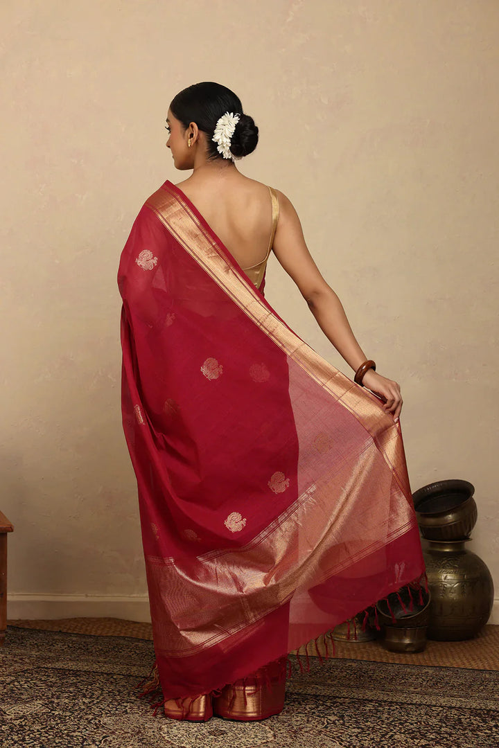 Handloom Rani Pink Kanchi Cotton Saree with Gold Zari Border | SHOBITAM
