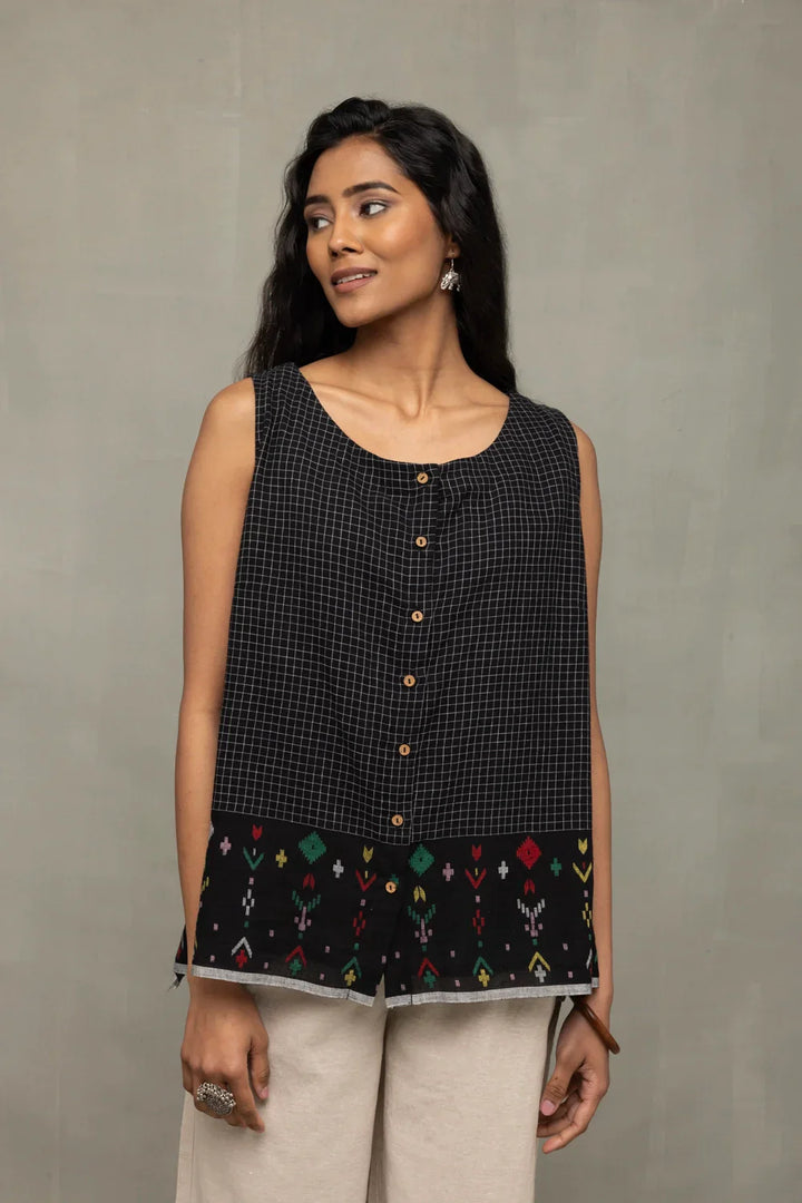 Black Checks Jamdani Top | SHOBITAM