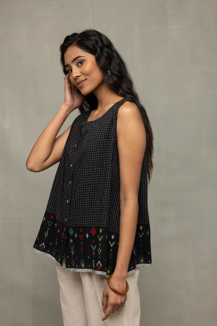 Black Checks Jamdani Top | SHOBITAM