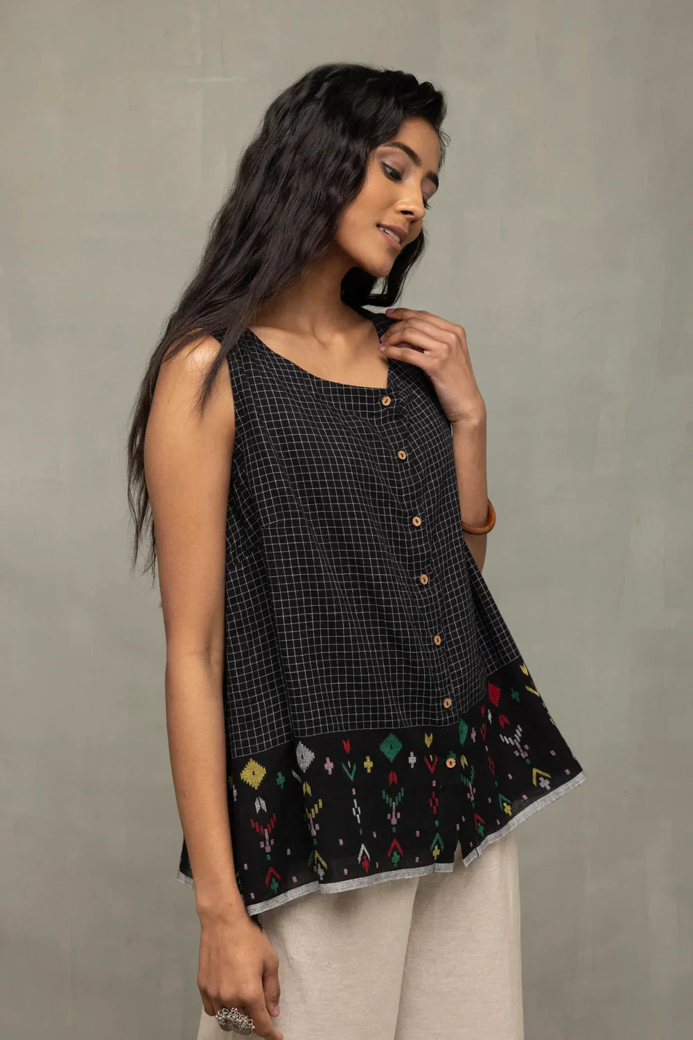 Black Checks Jamdani Top | SHOBITAM