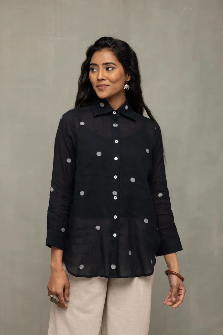 Black Polka Jamdani Shirt | SHOBITAM