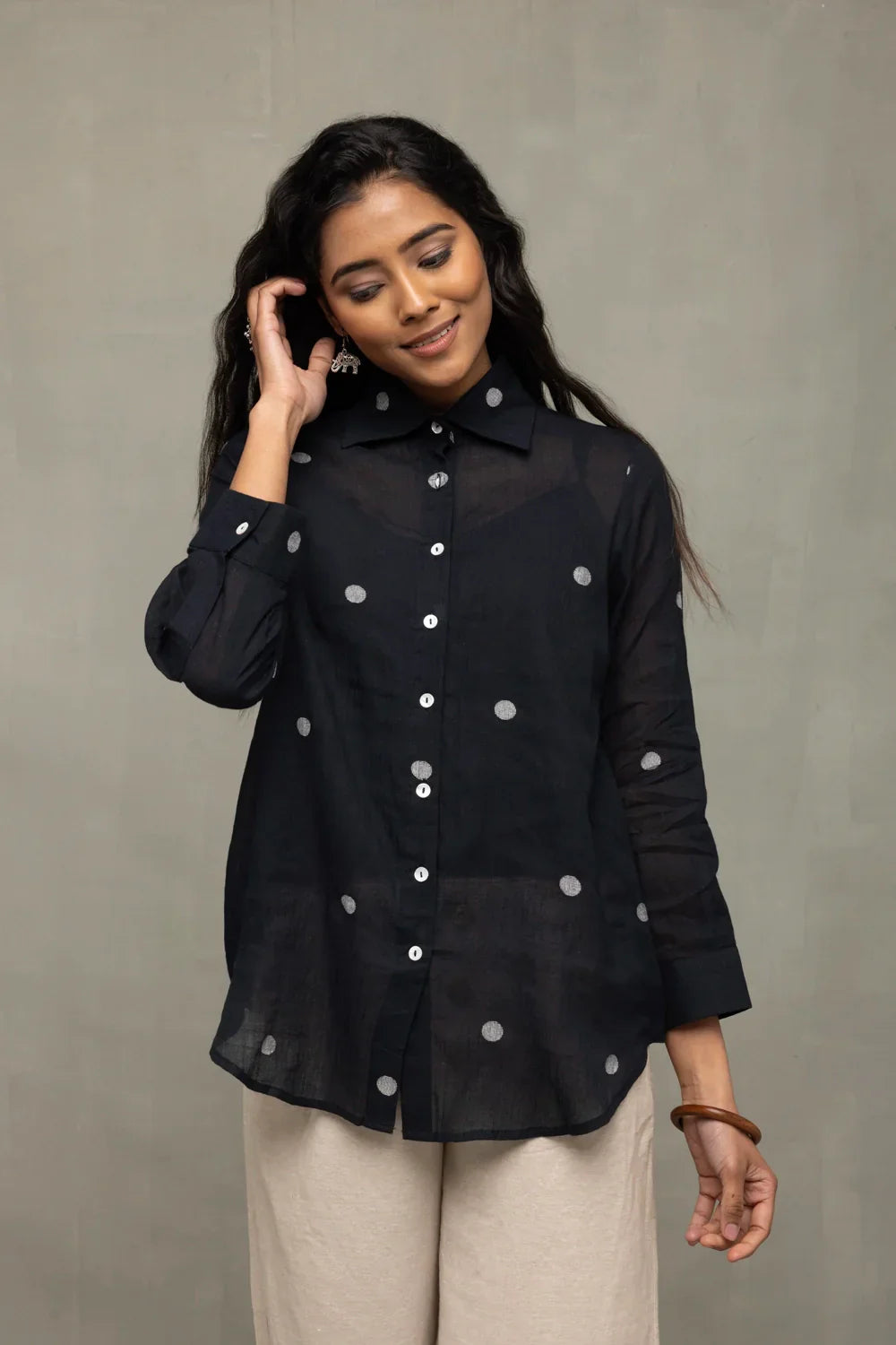 Black Polka Jamdani Shirt | SHOBITAM