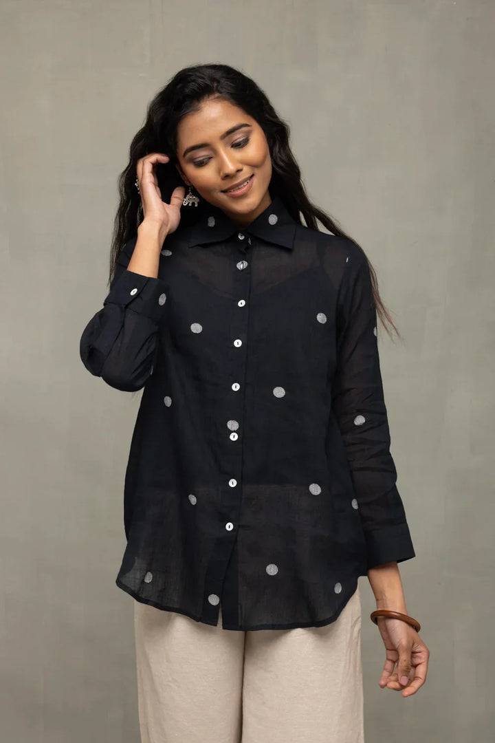 Black Polka Jamdani Shirt | SHOBITAM