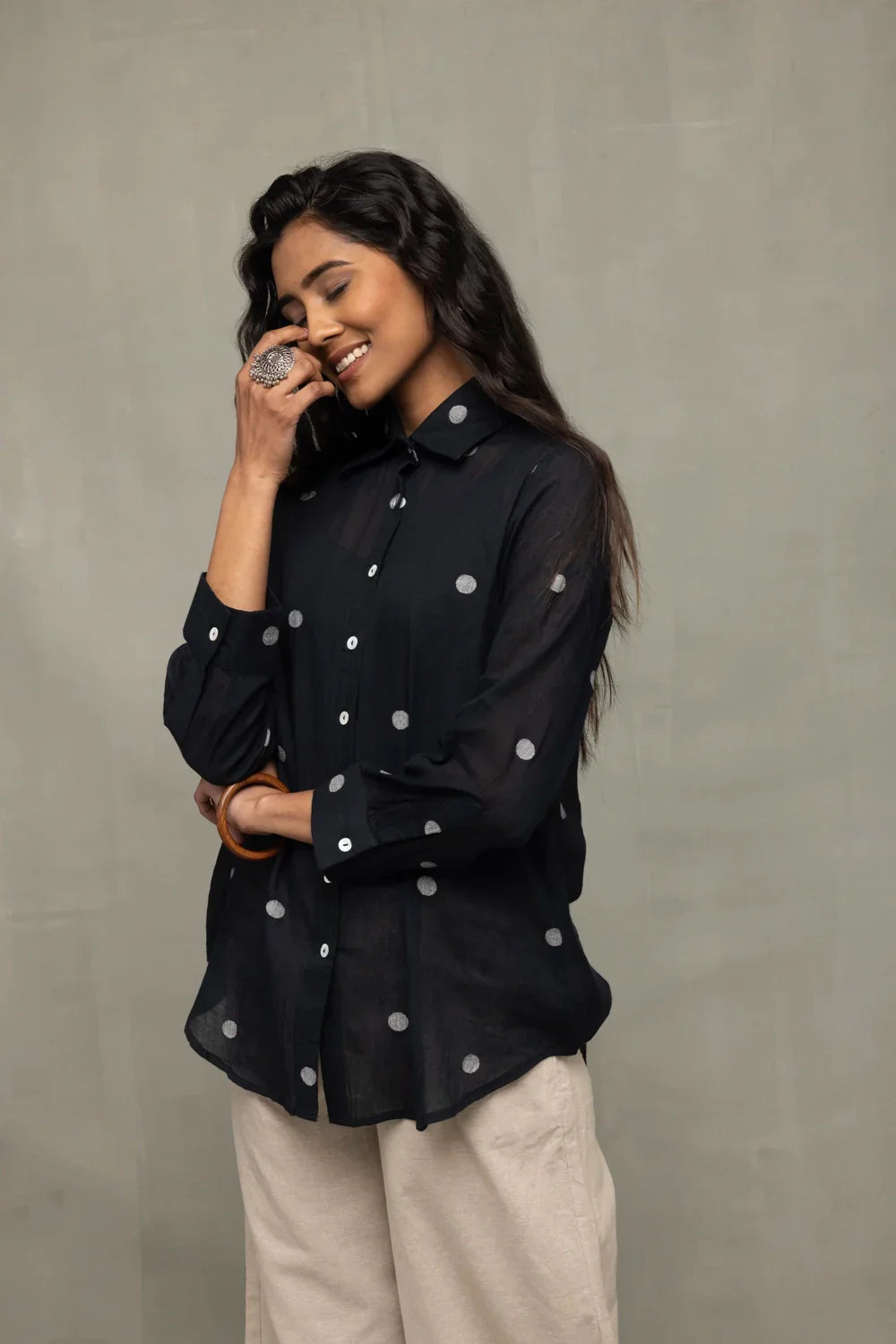 Black Polka Jamdani Shirt | SHOBITAM