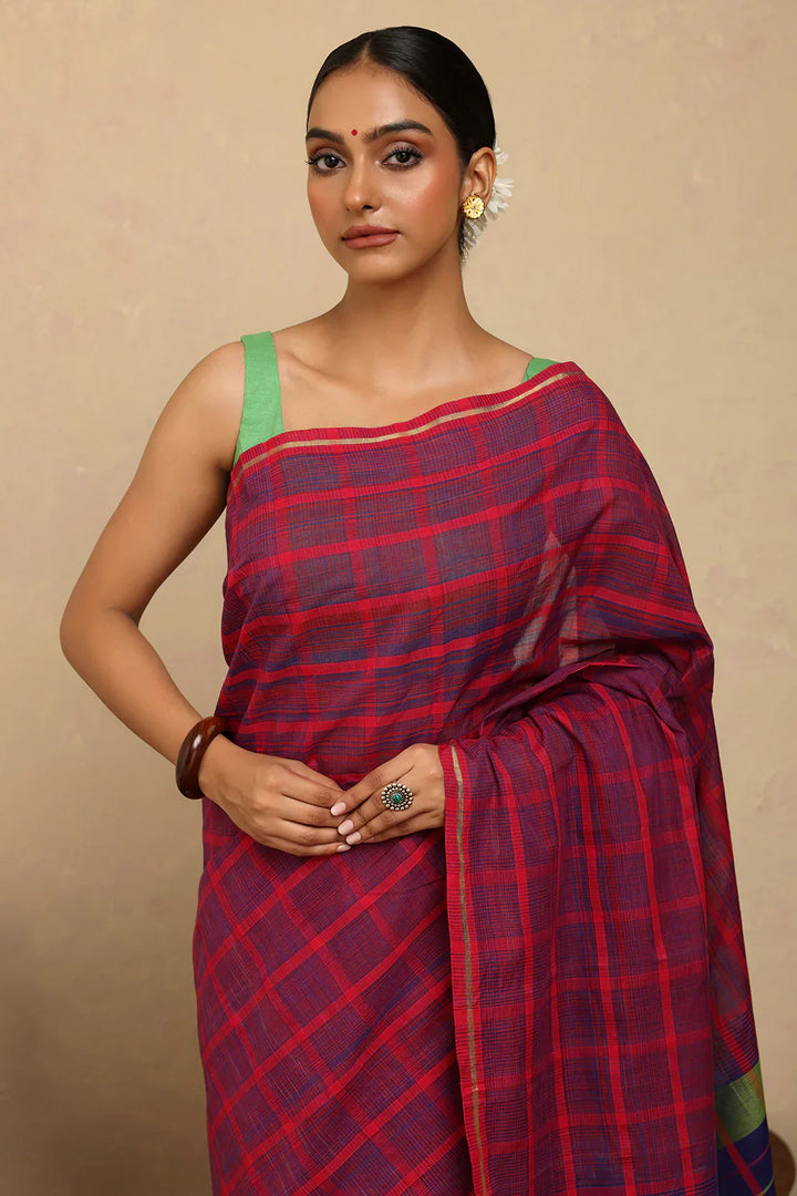 Handloom Hot Pink & Blue Check Kanchi Cotton Saree | SHOBITAM