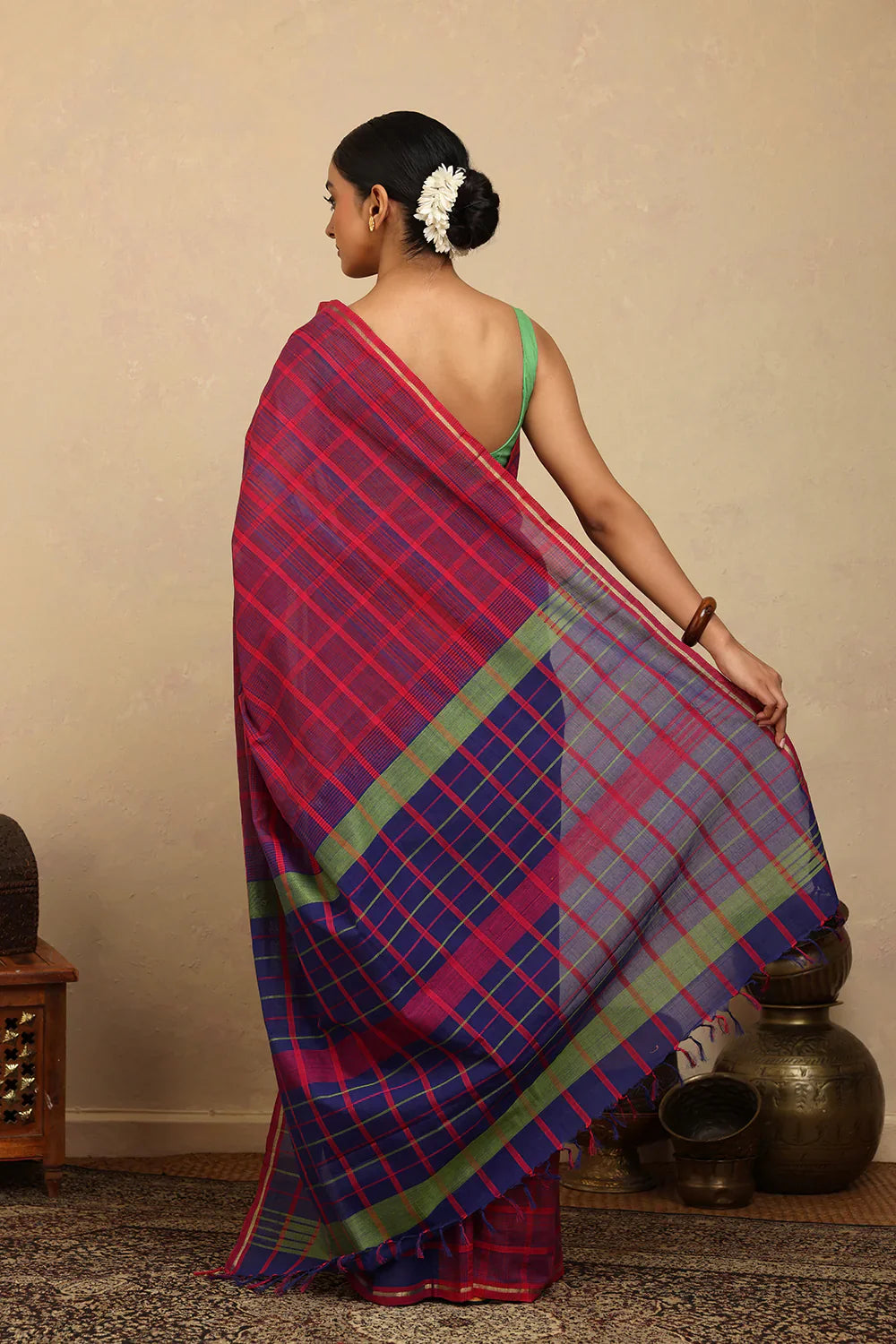 Handloom Hot Pink & Blue Check Kanchi Cotton Saree | SHOBITAM