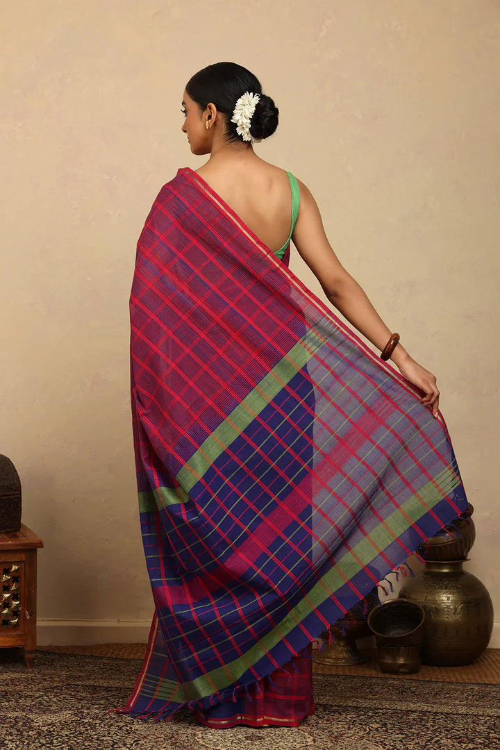 Handloom Hot Pink & Blue Check Kanchi Cotton Saree | SHOBITAM