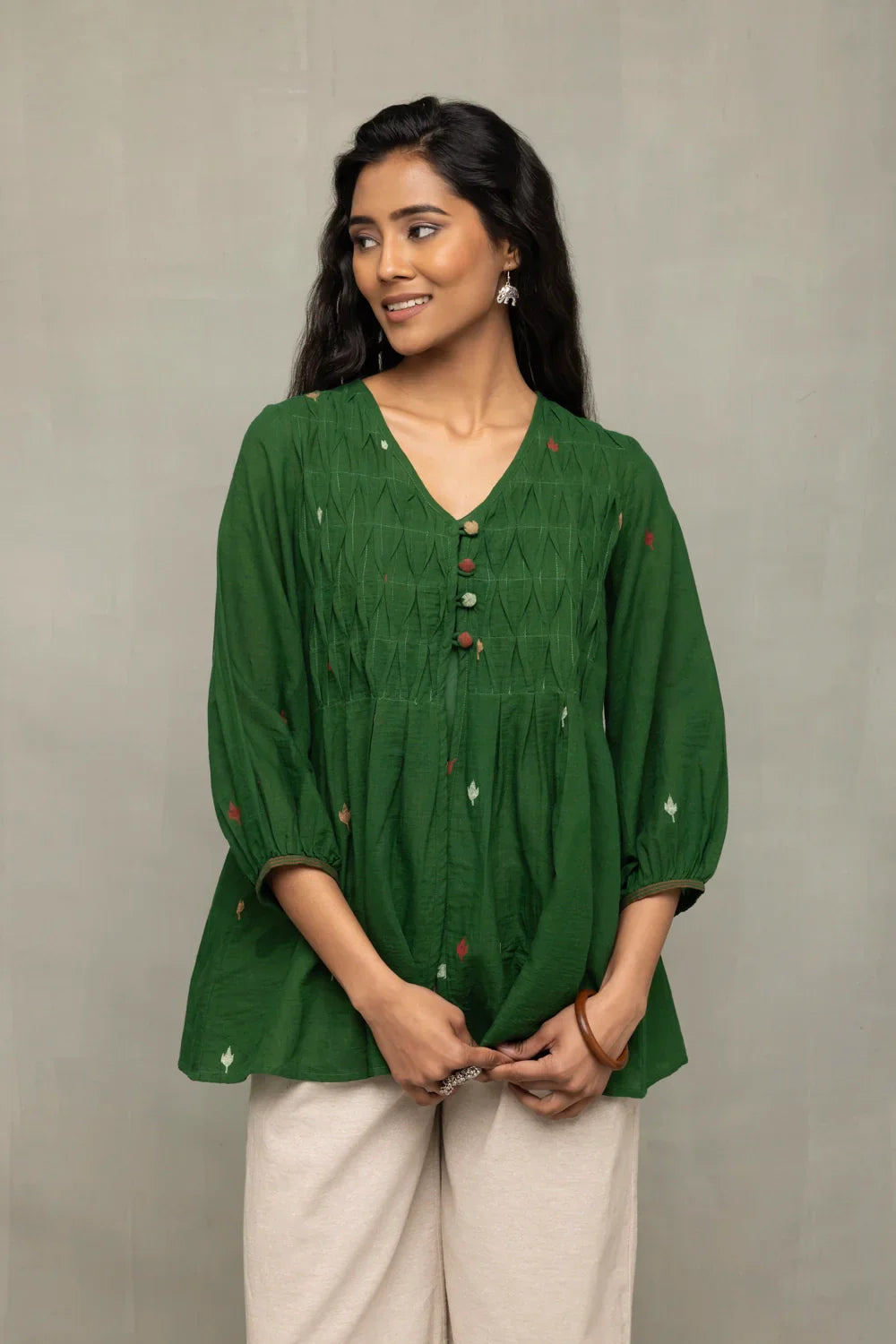 Forest Green Jamdani Top | SHOBITAM