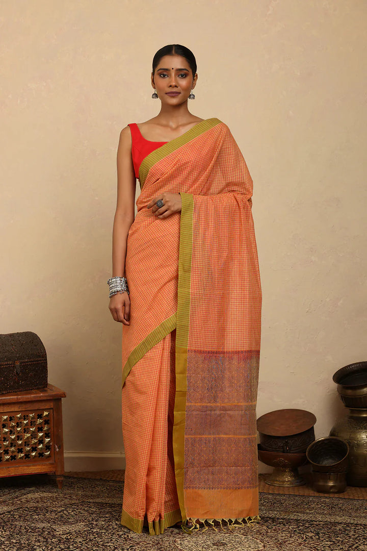 Handloom Soft Orange Mini Checks Kanchi Cotton Saree | SHOBITAM