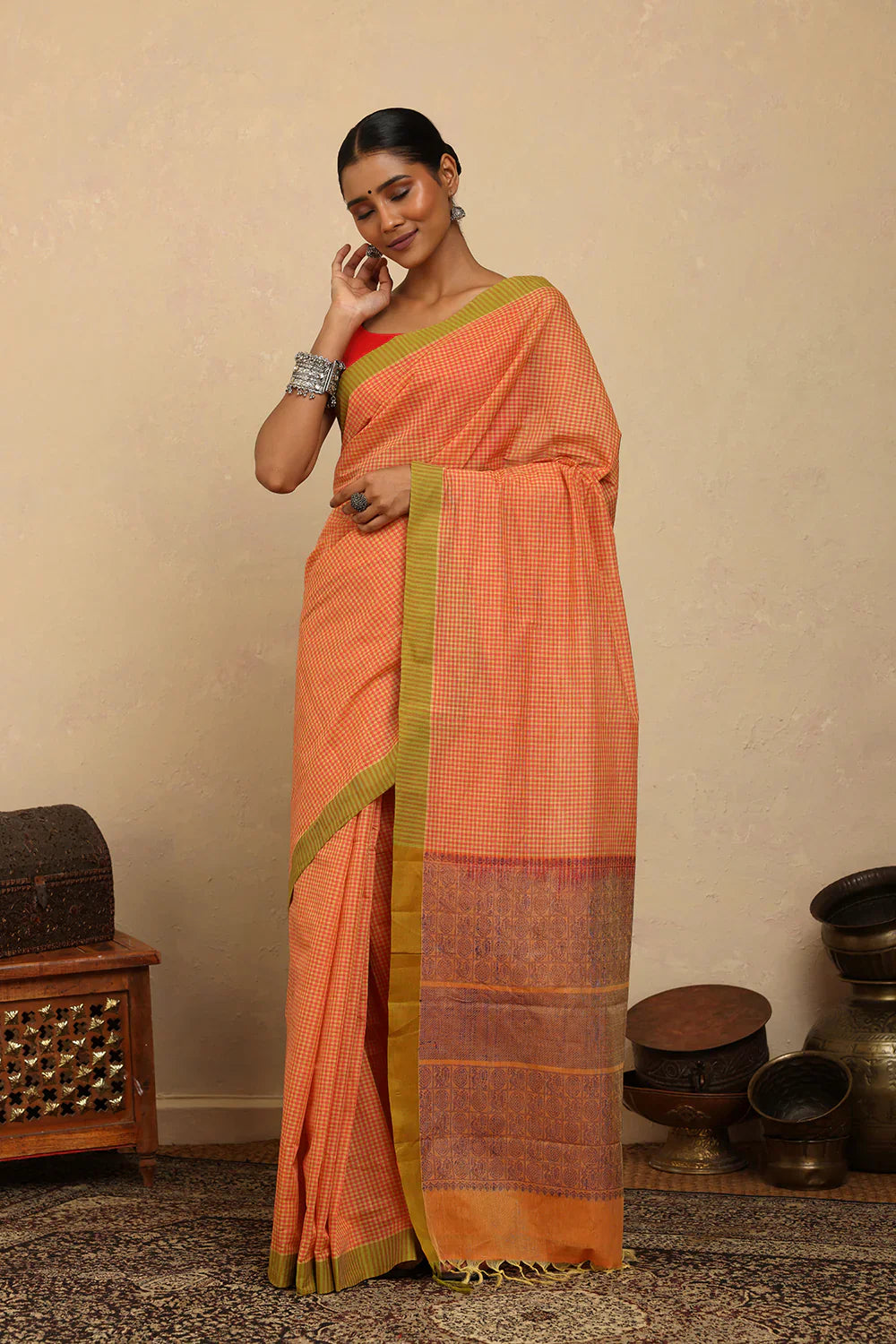 Handloom Soft Orange Mini Checks Kanchi Cotton Saree | SHOBITAM