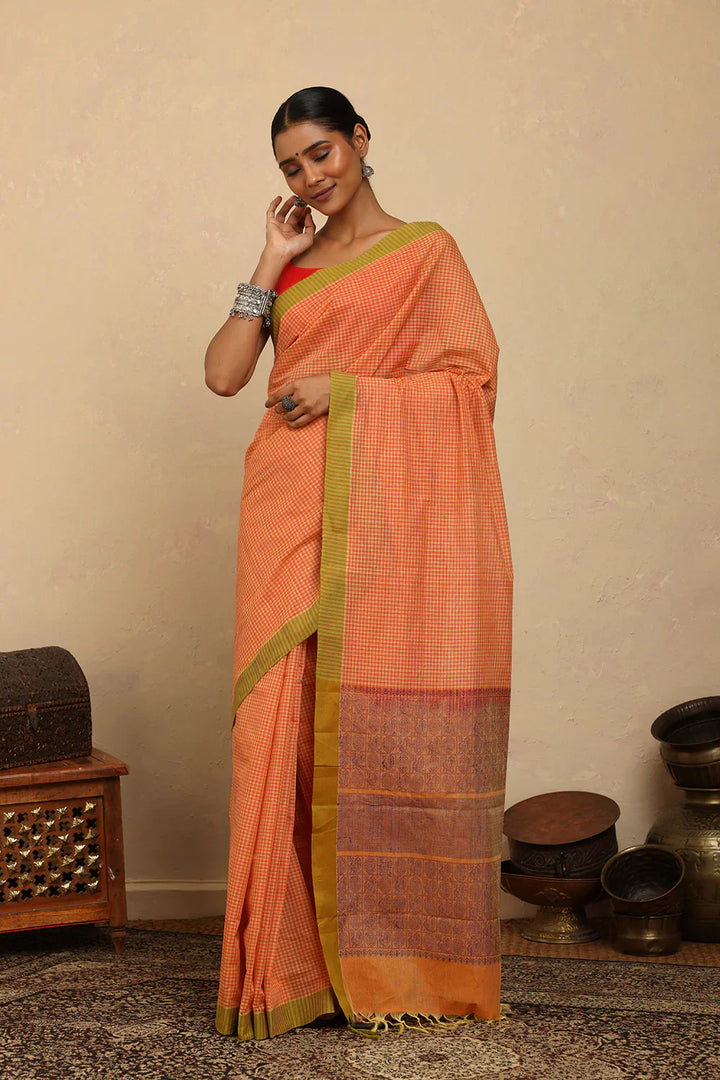 Handloom Soft Orange Mini Checks Kanchi Cotton Saree | SHOBITAM