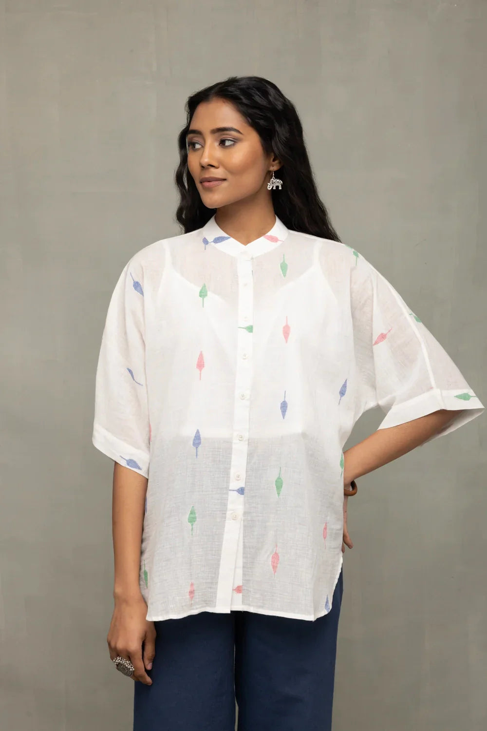 White Leaf Cotton Jamdani Shirt | SHOBITAM