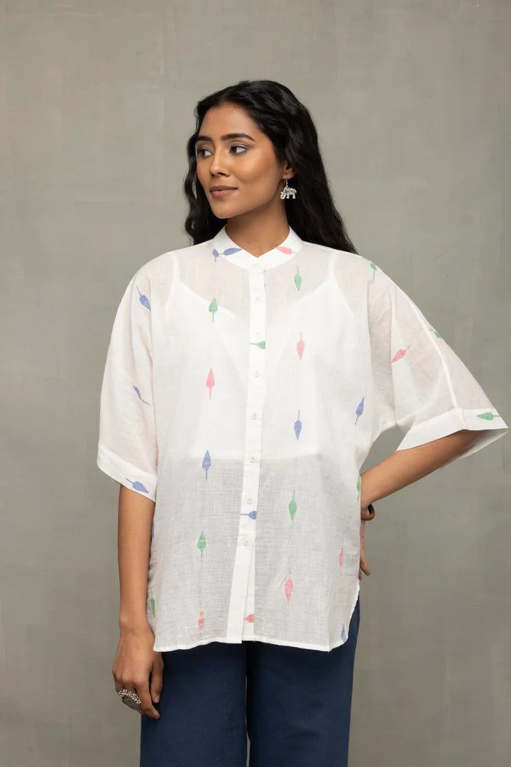 White Leaf Cotton Jamdani Shirt | SHOBITAM