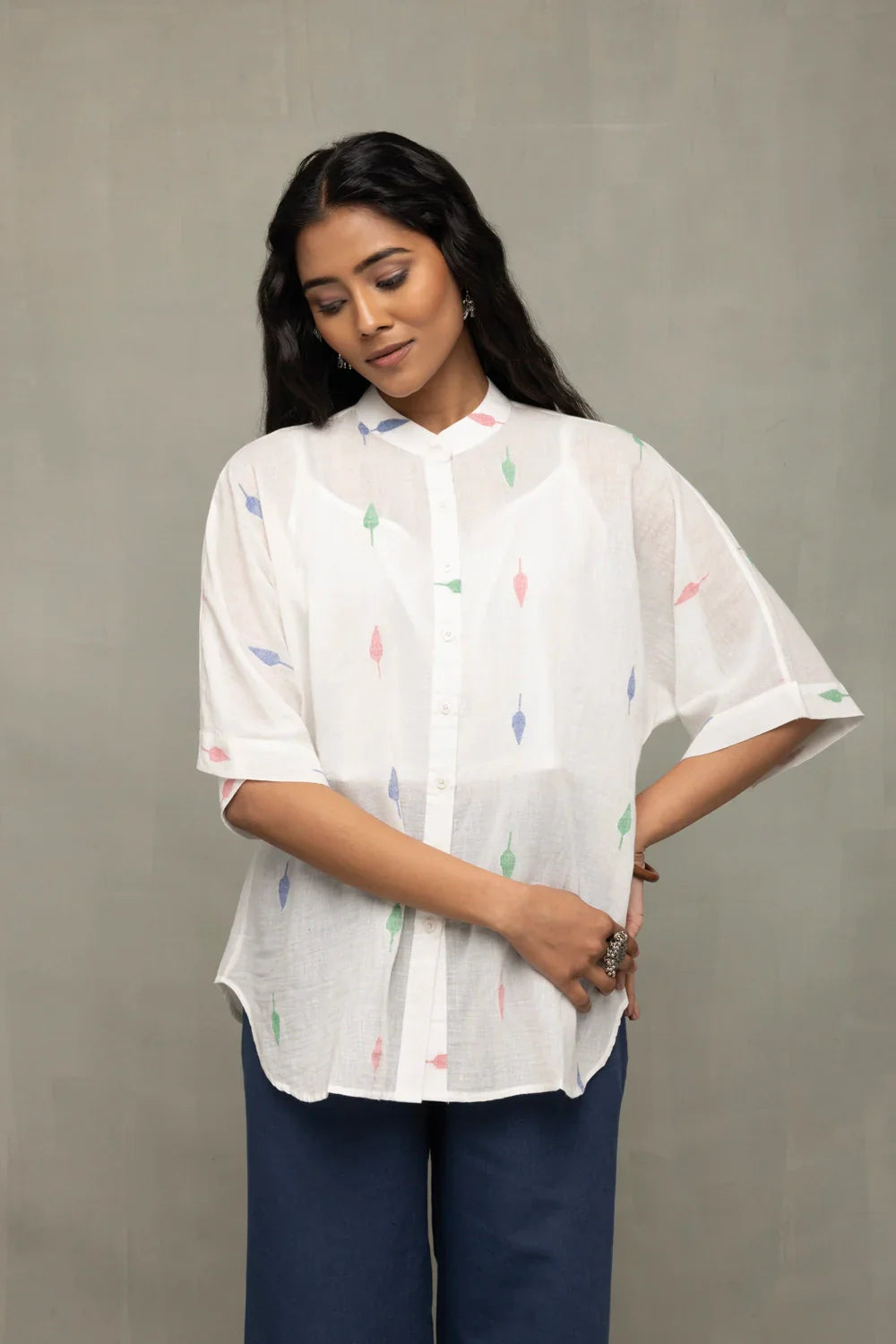 White Leaf Cotton Jamdani Shirt | SHOBITAM