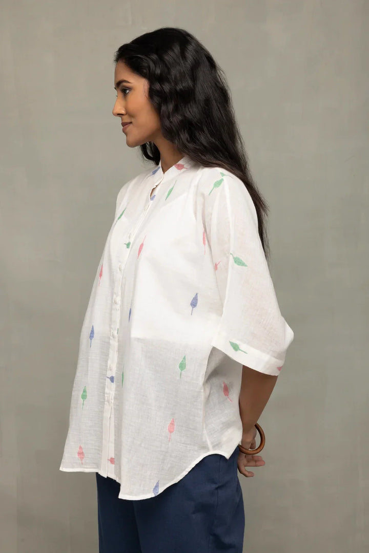 White Leaf Cotton Jamdani Shirt | SHOBITAM