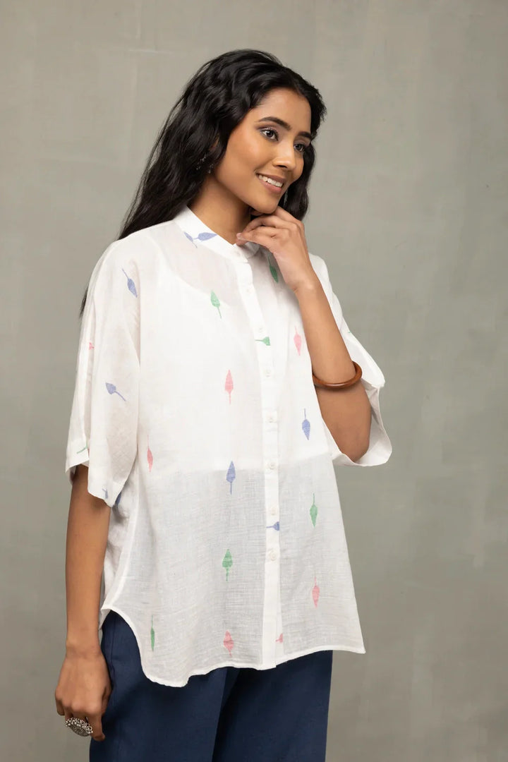 White Leaf Cotton Jamdani Shirt | SHOBITAM