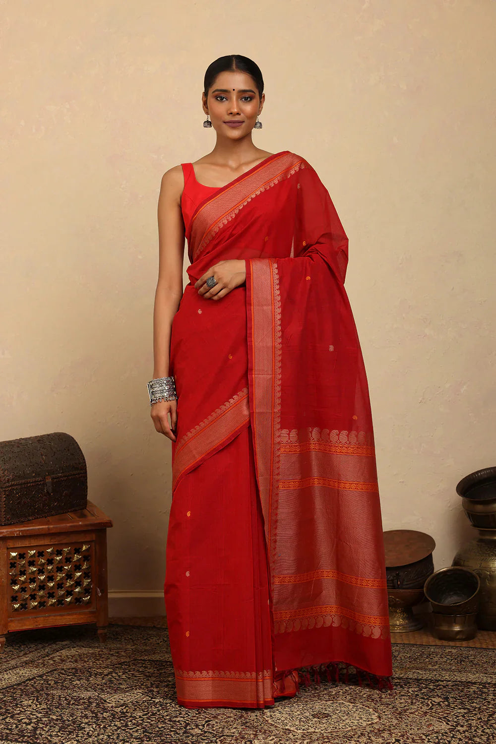 Handloom Scarlet Red Kanchi Cotton Saree | SHOBITAM