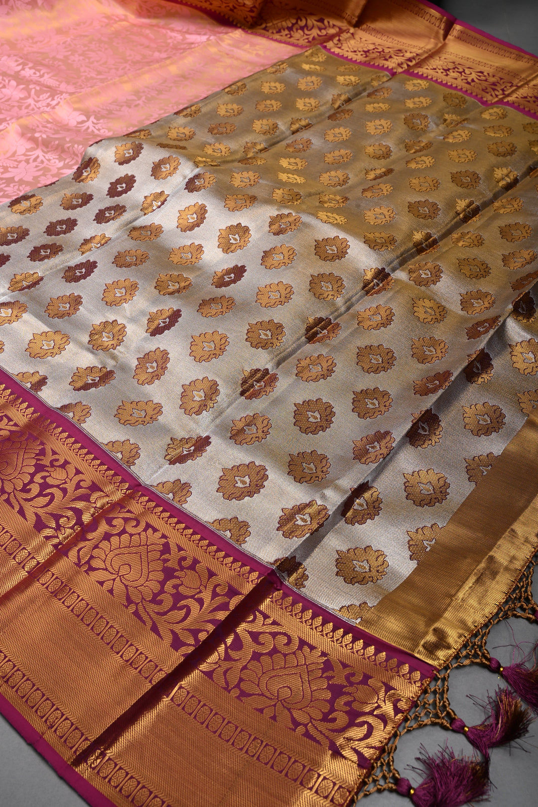 Rose Pink Kanjivaram Soft Semi Tissue Silk Saree with Meenakari Floral Jaal and Contrast Zari Border | SHOBITAM