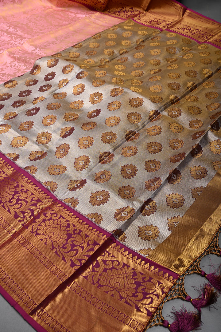 Rose Pink Kanjivaram Soft Semi Tissue Silk Saree with Meenakari Floral Jaal and Contrast Zari Border | SHOBITAM