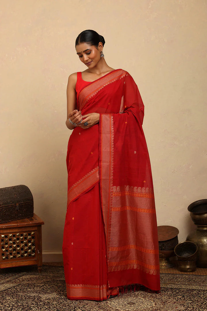 Handloom Scarlet Red Kanchi Cotton Saree | SHOBITAM
