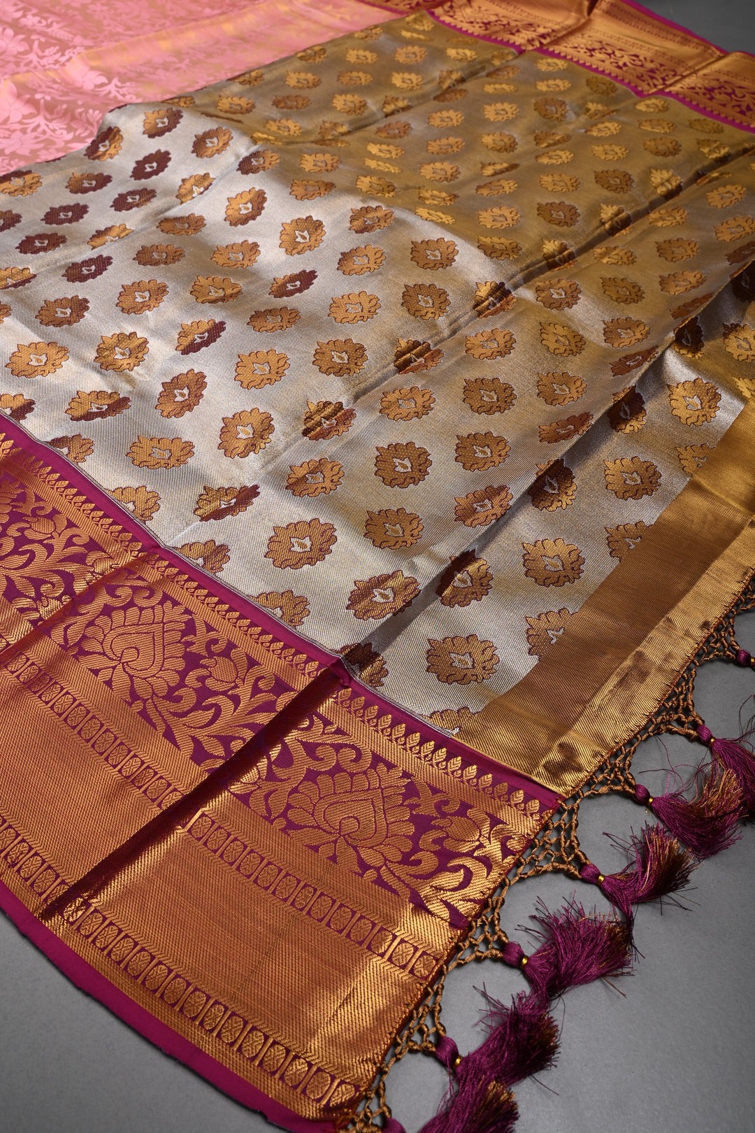 Rose Pink Kanjivaram Soft Semi Tissue Silk Saree with Meenakari Floral Jaal and Contrast Zari Border | SHOBITAM
