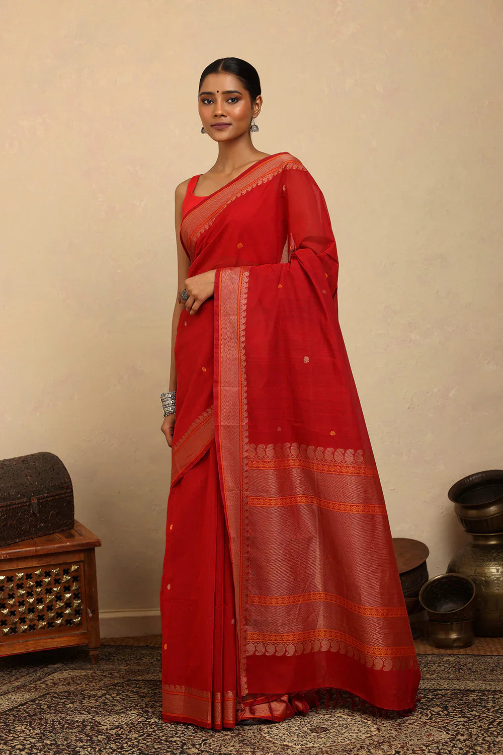 Handloom Scarlet Red Kanchi Cotton Saree | SHOBITAM