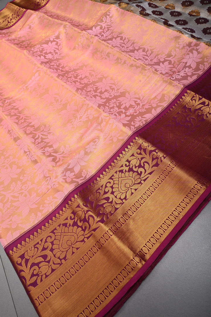 Rose Pink Kanjivaram Soft Semi Tissue Silk Saree with Meenakari Floral Jaal and Contrast Zari Border | SHOBITAM
