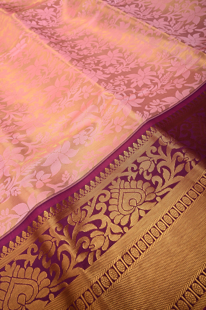Rose Pink Kanjivaram Soft Semi Tissue Silk Saree with Meenakari Floral Jaal and Contrast Zari Border | SHOBITAM