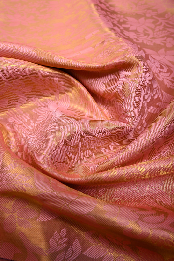 Rose Pink Kanjivaram Soft Semi Tissue Silk Saree with Meenakari Floral Jaal and Contrast Zari Border | SHOBITAM