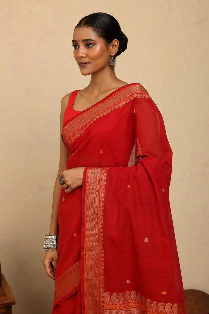 Handloom Scarlet Red Kanchi Cotton Saree | SHOBITAM