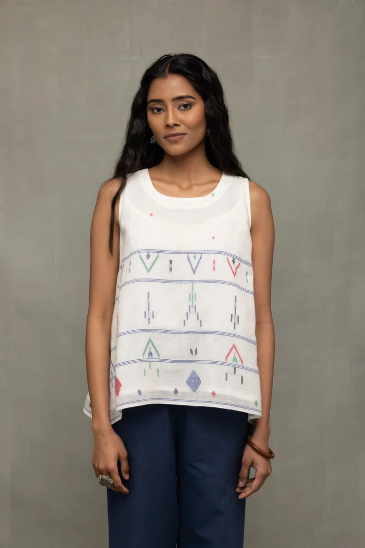 White Mist Cotton Jamdani Top | SHOBITAM