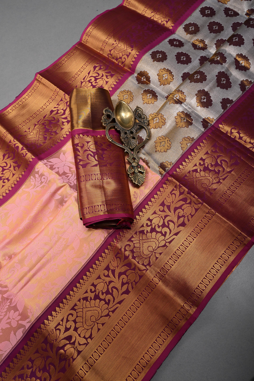 Rose Pink Kanjivaram Soft Semi Tissue Silk Saree with Meenakari Floral Jaal and Contrast Zari Border | SHOBITAM