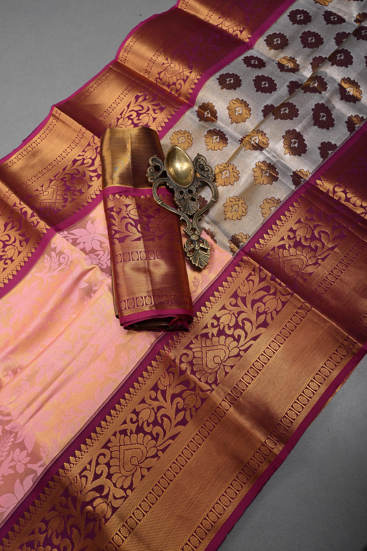 Rose Pink Kanjivaram Soft Semi Tissue Silk Saree with Meenakari Floral Jaal and Contrast Zari Border | SHOBITAM