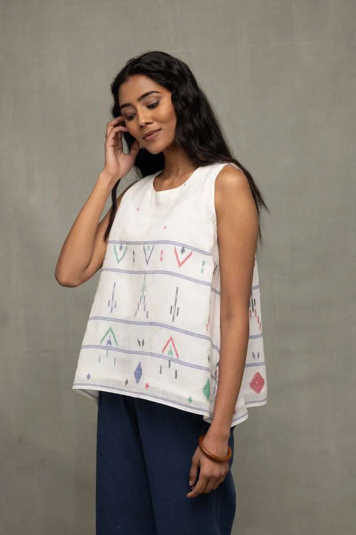 White Mist Cotton Jamdani Top | SHOBITAM